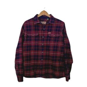 Men’s Orvis Sz L Grunge Gorp Blue Burgundy Flannel Shirt Shacket Pockets